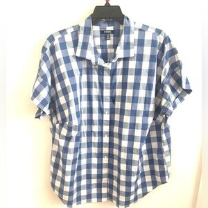 Chaps Women’s Shirt button Up Plaid Blue White 2X Short Sleeve Coastal Office